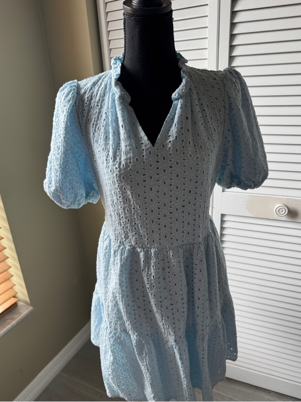 Light Blue Eyelet Puff-Sleeve Mini Dress